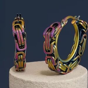 Byzantine Chain Hoop Earrings in ION Plated Rainbow Color Stainless Steel, NWT!